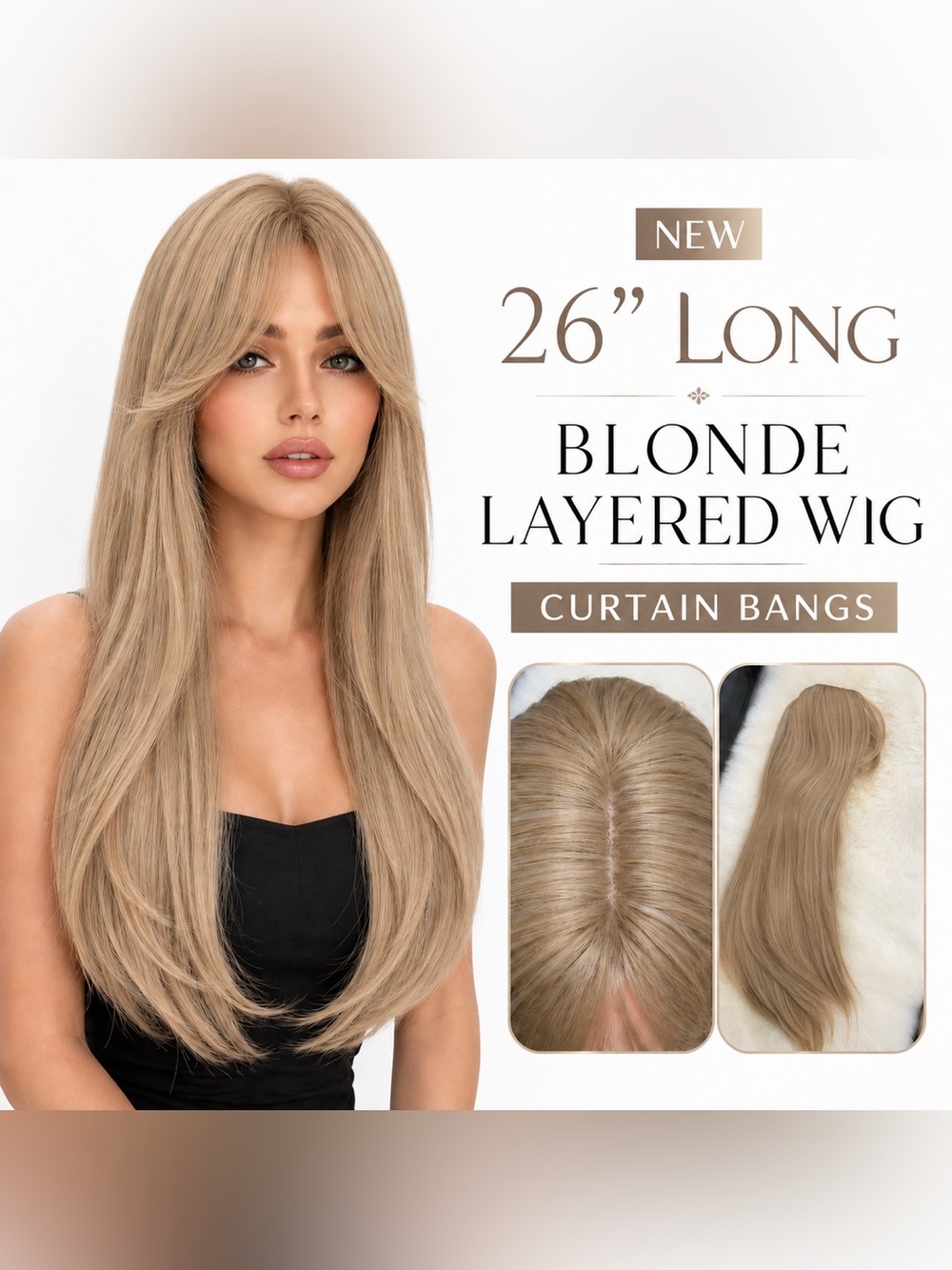 Brand New 26” Long Blonde Layered Wig | Curtain Bangs